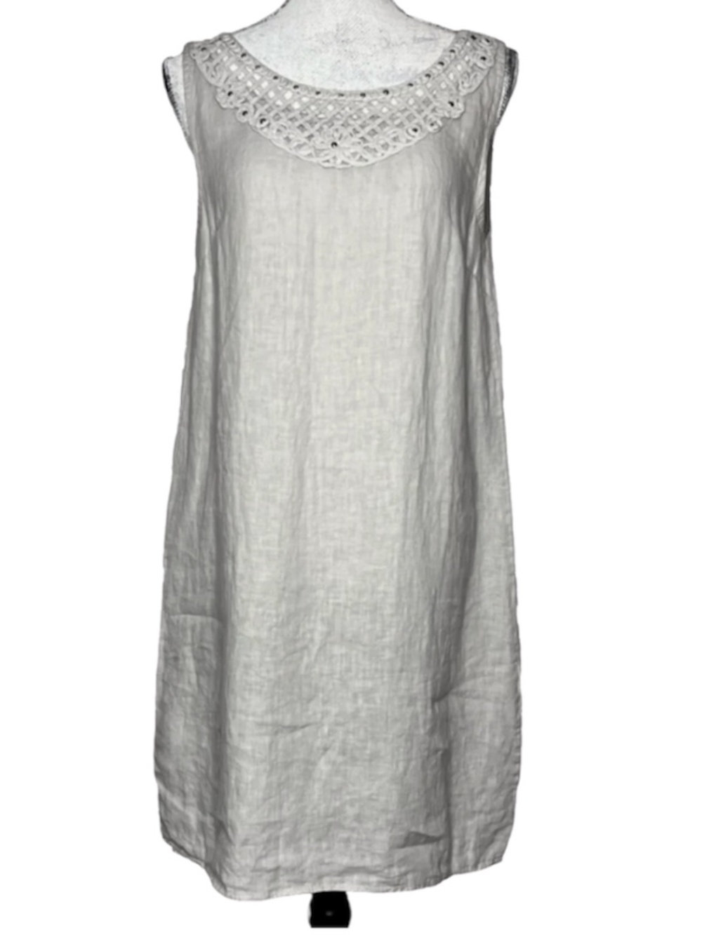 Bellambra Womens 100% Linen Dress Studded Crochet Neck Made In Italy M